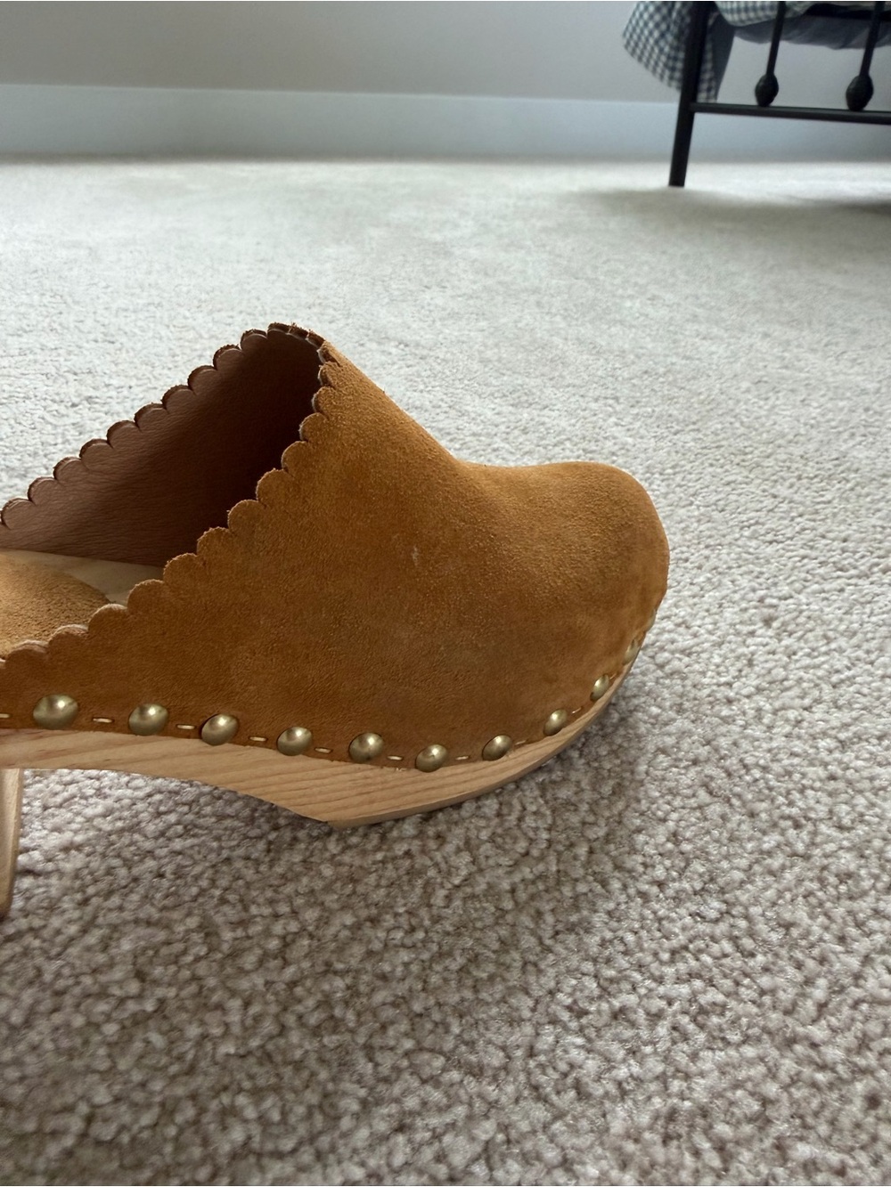 Bensimon Suede Leather Wooden Clogs Mules Scalloped Tan Women’s Size 38 - Picture 6 of 9